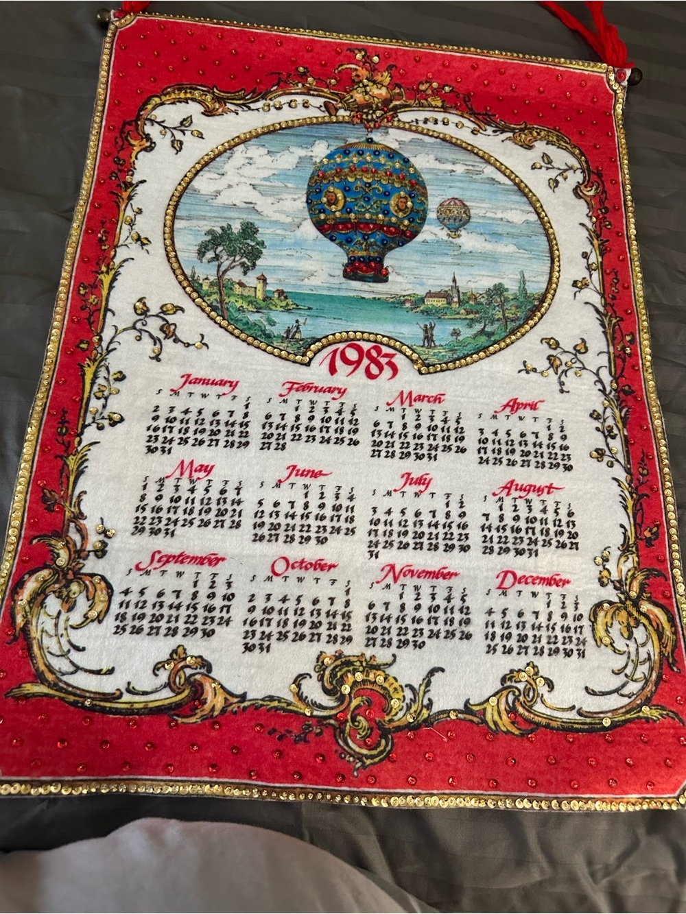Vintage 1983 Hot Air Balloon Calendar Wall Hanging - Red and White
